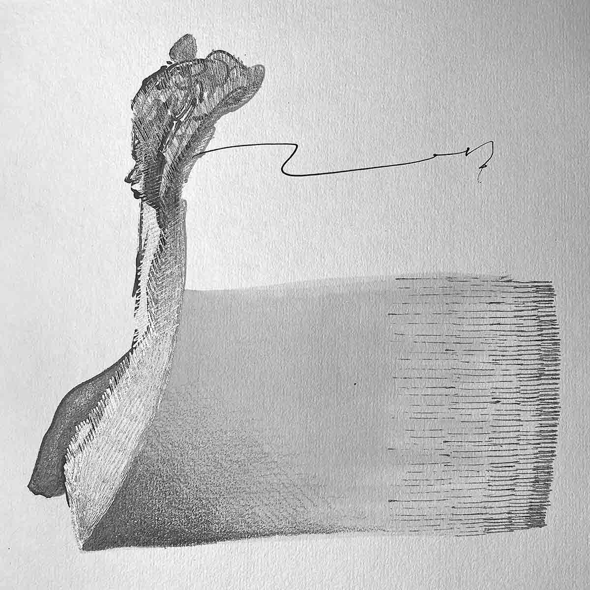 Encre sur papier granulé représentant une silhouette de femme abstraite